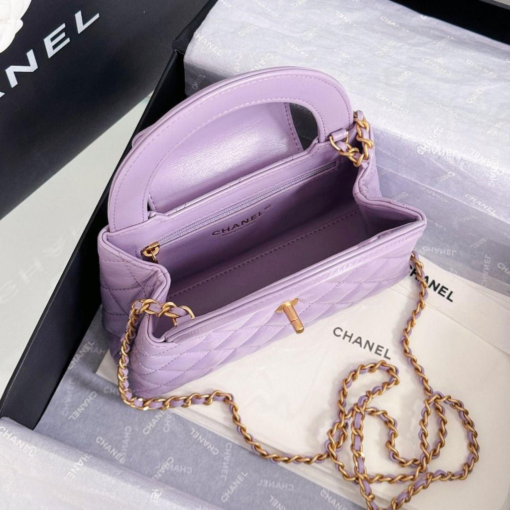 Chanel Kelly Alışveriş Çantası Parlak Eskitme Dana Derisi ve Altın Donanım Lila (Mini) - Glimmer of Luxury
