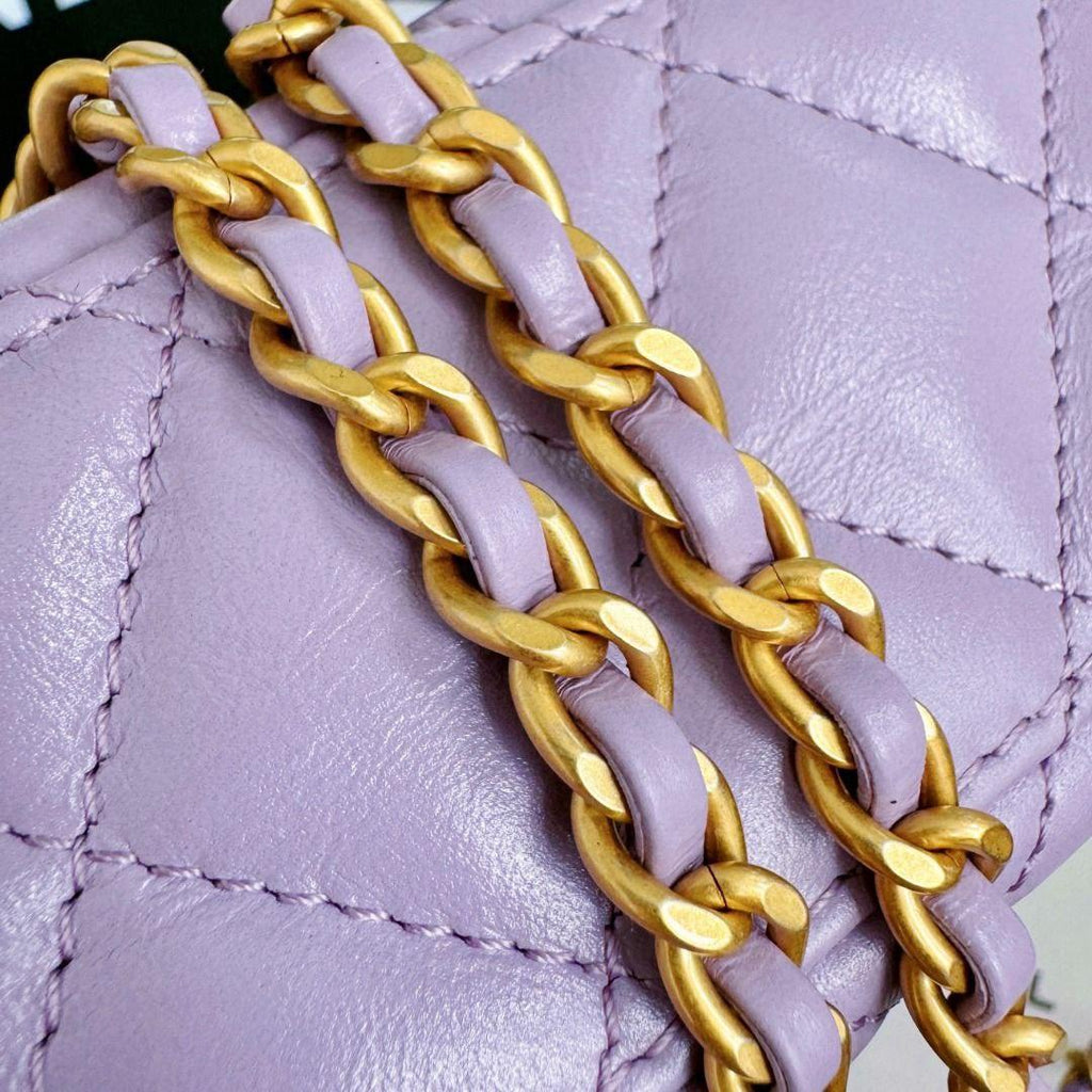 Chanel Kelly Alışveriş Çantası Parlak Eskitme Dana Derisi ve Altın Donanım Lila (Mini) - Glimmer of Luxury