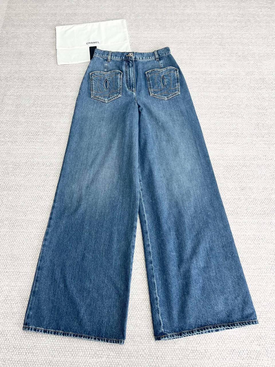 CHANEL Haute Couture 24P Dokuz Noktalı Denim Geniş Pantolon - Glimmer of Luxury