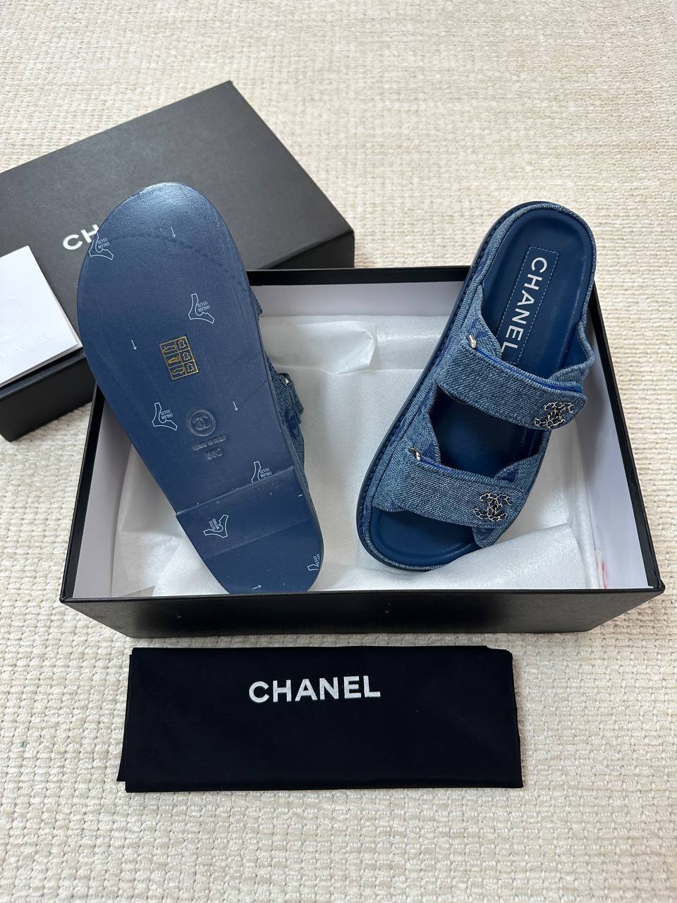 Chanel Black Fishnet and Leather Dad Sandals