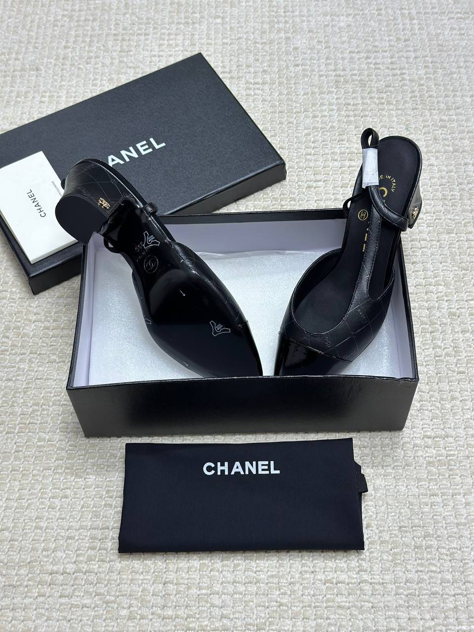 Chanel Patent Leather Closed Toe CC Slingback Shoes 2025
